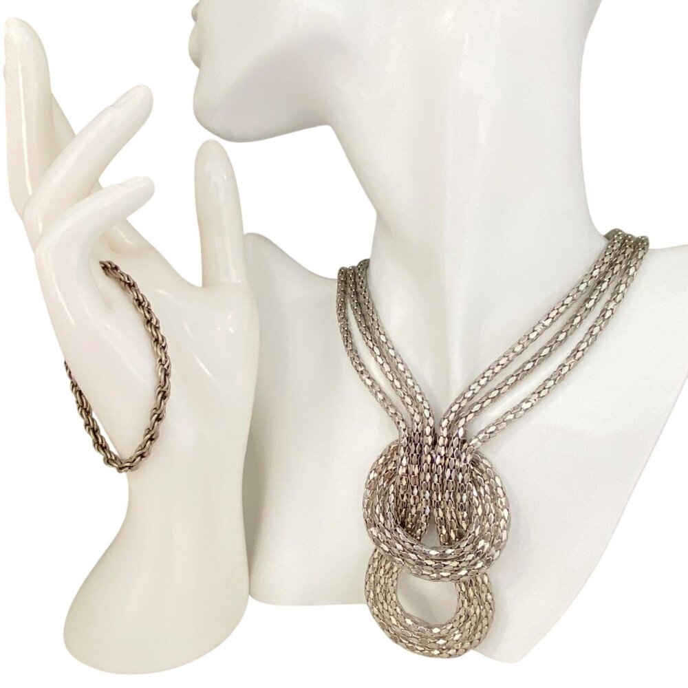 Dark Silver-Tone Multi-Strand Knot Necklace & Bracelet arrangement Layered state